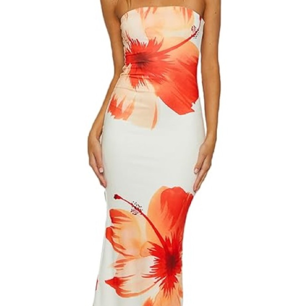 Tropical Floral Strapless Dress in Coral Red and Cream